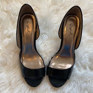Black patent peep toe heels